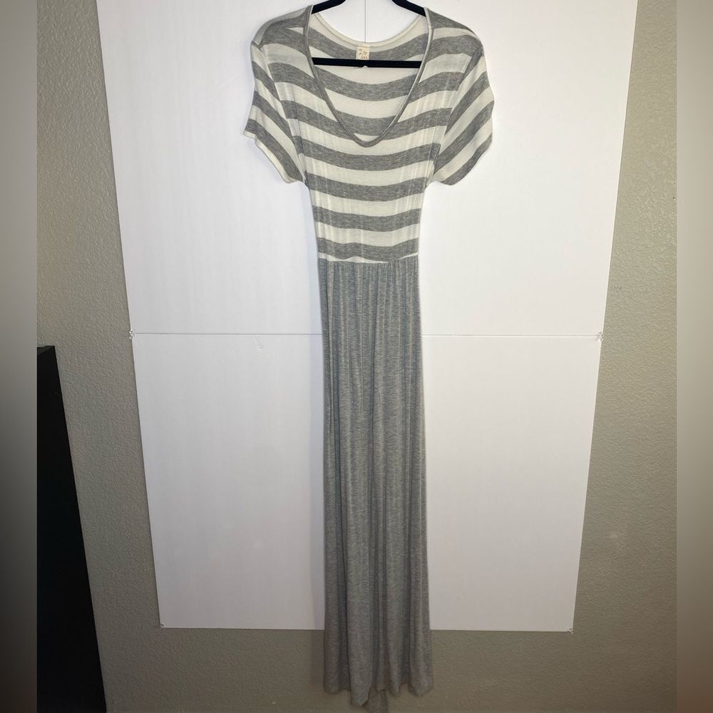 7th Ray Gray & White Striped Maxi Dress Tie Front Short Sleeve Size L